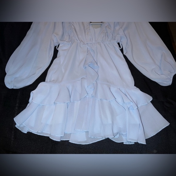 Long sleeve Ruffle Belted Dress in Winter Blue - Picture 3 of 13